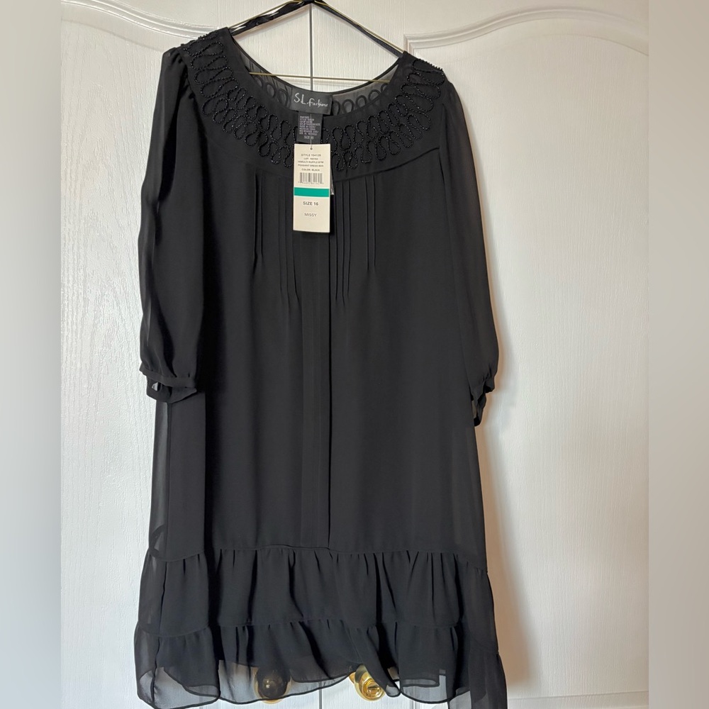 S.L Fashions Elegant Black Dress with Ruffle Hem Size 16
